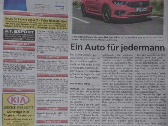 Fiat Tipo in Zeitung